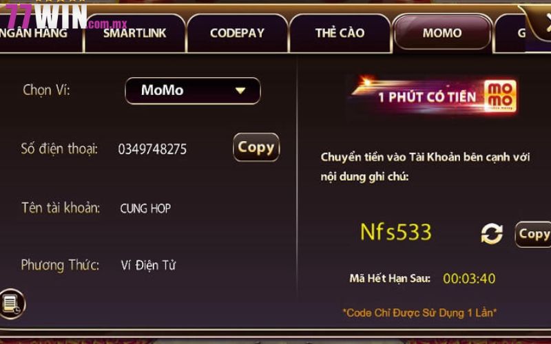 Nạp tiền 77win với 1 phút