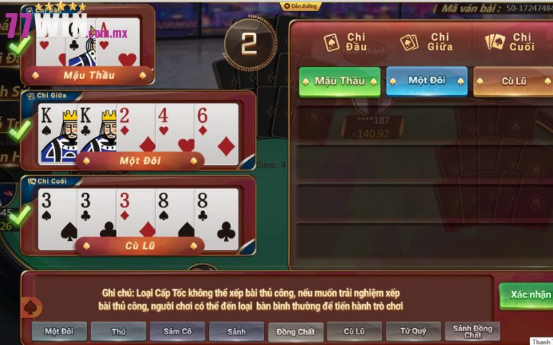 Các loại bài trong game bài Mậu binh 77Win